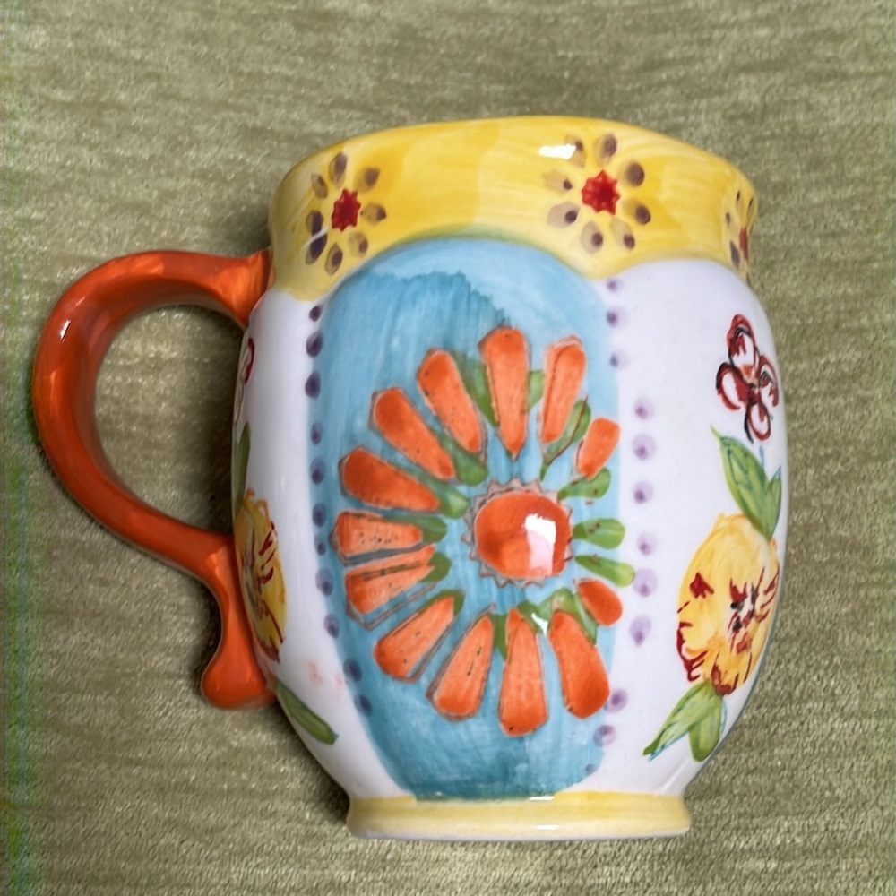 Biscuit for Anthropologie Coffee Mug or Cup 10 oz Sunflowers Pansies Colorful!